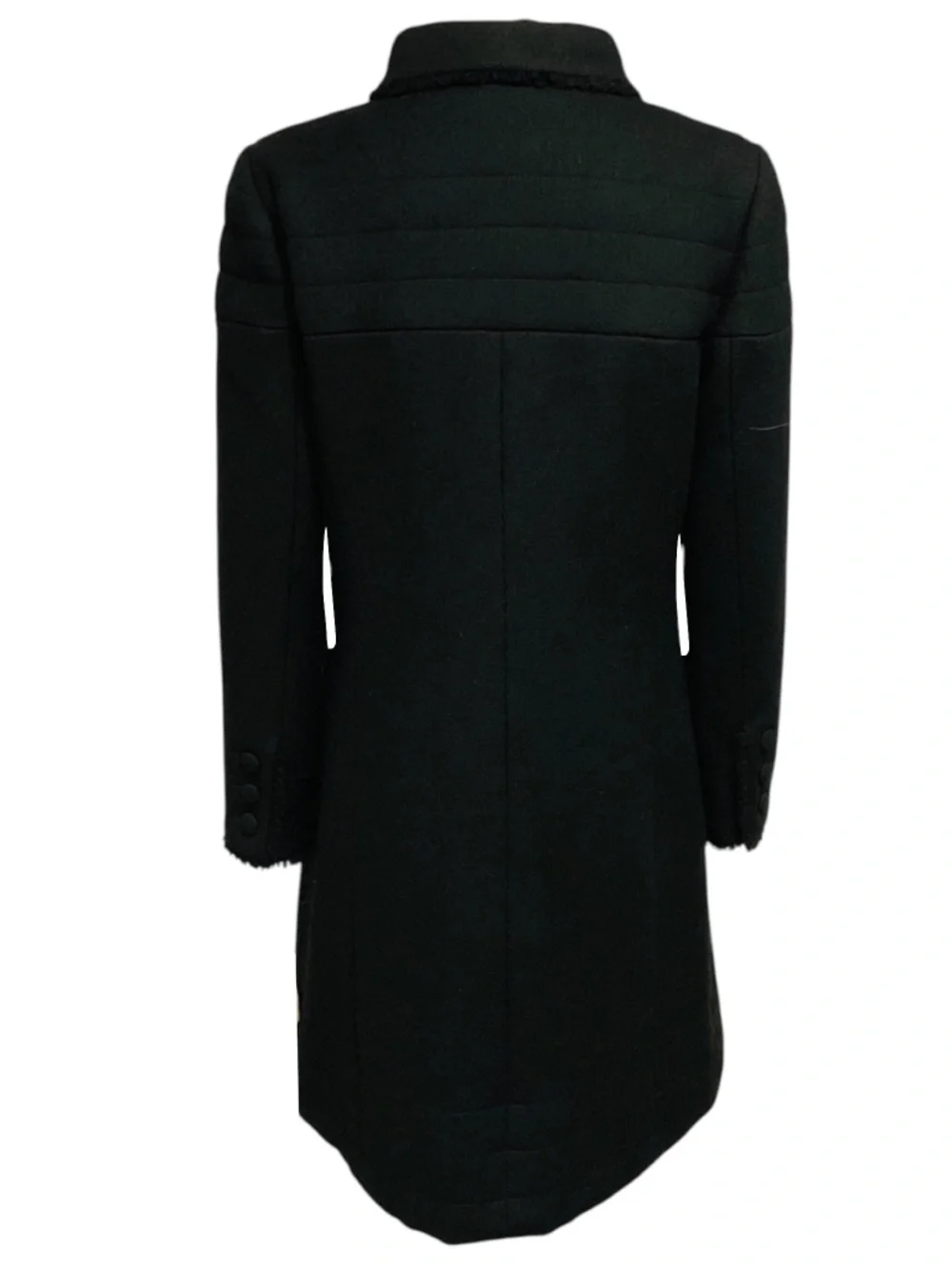 CHANEL BLACK VINTAGE 2006 SILK LINED MID LENGTH WOOL COAT WITH FRINGED TRIM